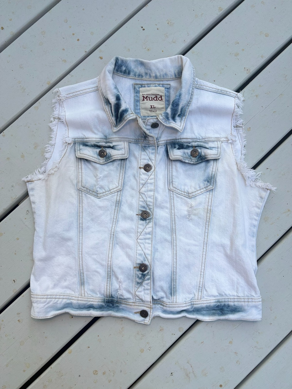 VTG 90s Mudd Bleach Acid Wash Denim Vest Cropped Frayed Trucker Women's XL